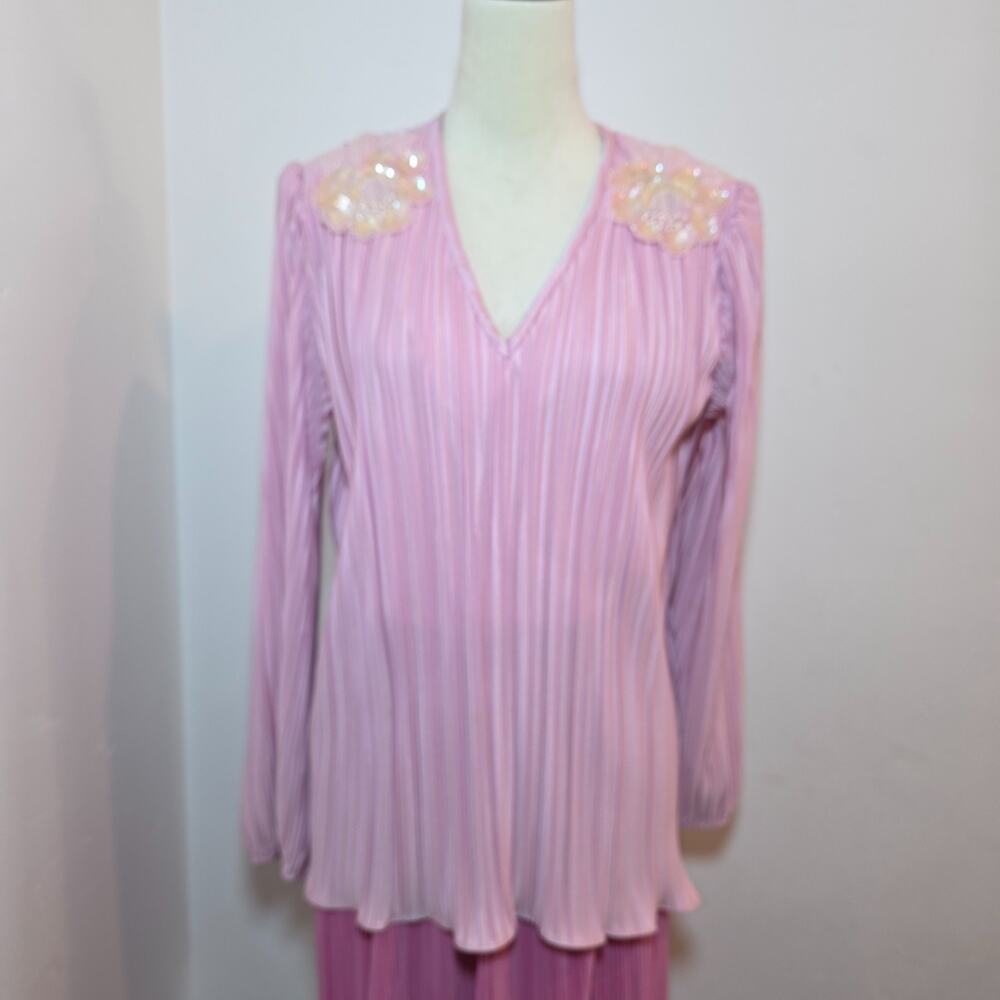 Vintage Pink Mini Accordion Pleat Overlay Dress Size L Long Sleeve Boho Modest - Picture 3 of 9